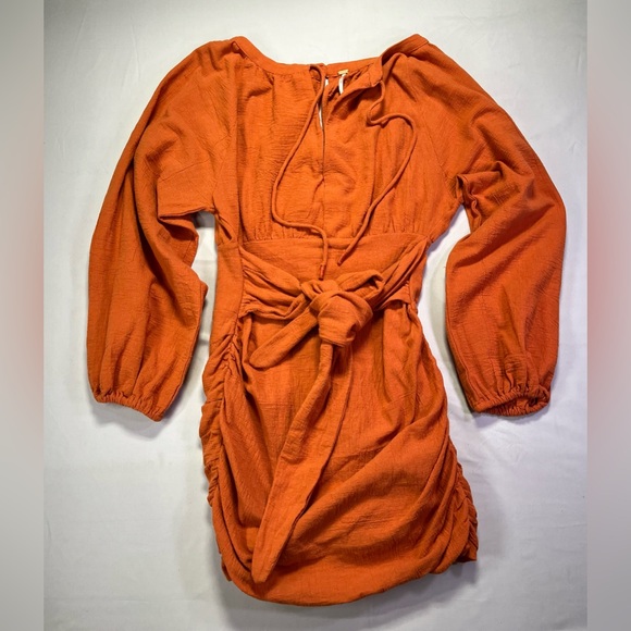Free People The Only One Long Sleeve Ruched Mini Dress Ochre Rust Orange - XS - Picture 2 of 4